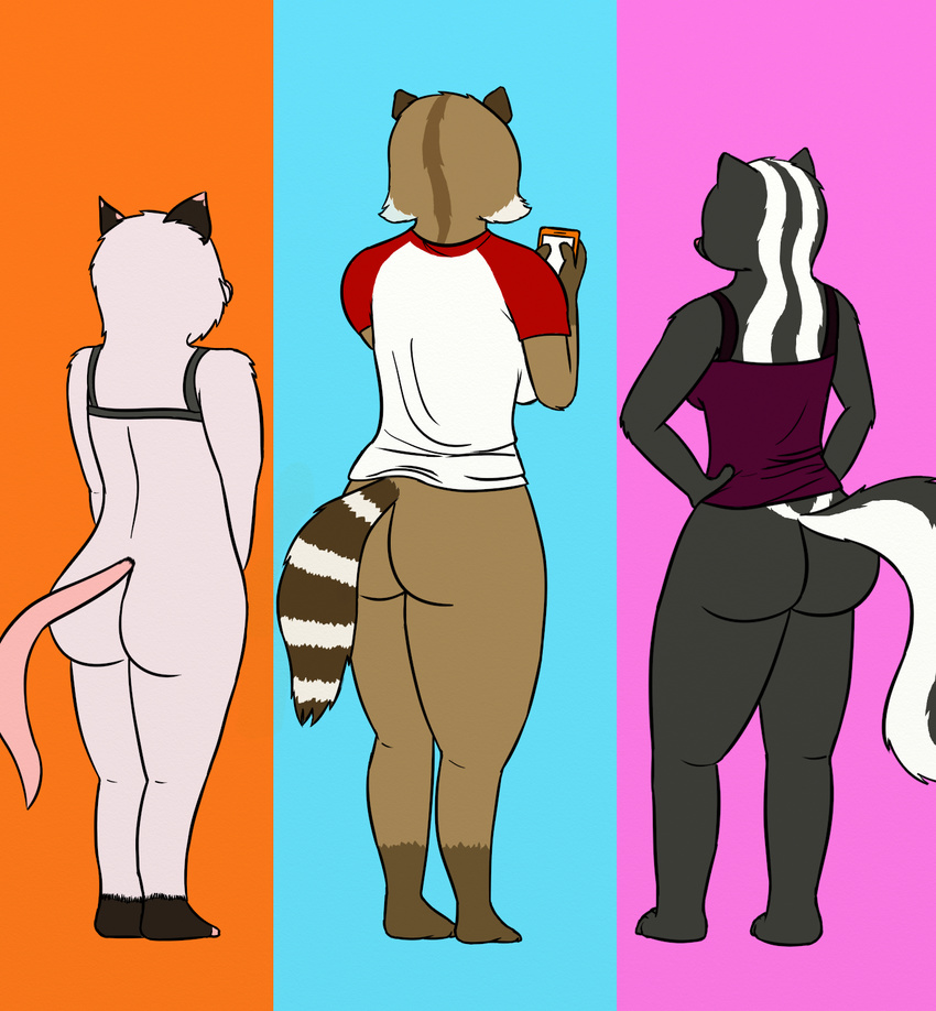 big_butt black_fur breasts brown_fur butt crossgender drawing female fur group heather_(over_the_hedge) mammal marsupial opossum over_the_hedge oystercatcher7 phone raccoon rj_(over_the_hedge) skunk stella_(over_the_hedge) white_fur