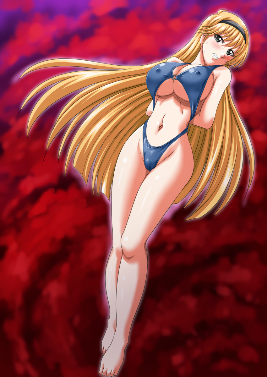 absurdres arms_behind_back bare_legs black_eyes black_hairband blonde_hair blue_one-piece_swimsuit breasts casual_one-piece_swimsuit clenched_teeth clothing_cutout commission full_body hairband highleg highleg_swimsuit highres jigoku_sensei_nube large_breasts long_hair minako_(jigoku_sensei_nube) nao_takami navel_cutout one-piece_swimsuit skeb_commission swimsuit teeth underboob