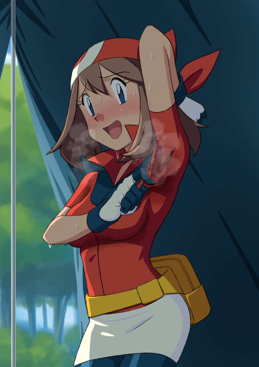 1girl arm_up armpits bandana bike_shorts bike_shorts_under_shorts blue_eyes blurry blurry_background blush breasts brown_hair clothes_grab commentary embarrassed eyelashes fanny_pack gloves hair_between_eyes highres looking_at_viewer may_(pokemon) medium_breasts miraa_(chikurin) nervous_smile open_mouth outdoors pokemon presenting_armpit red_bandana red_shirt shirt short_sleeves shorts sidelocks sleeve_grab smile solo steam steaming_body sweat sweat_stain tent tree