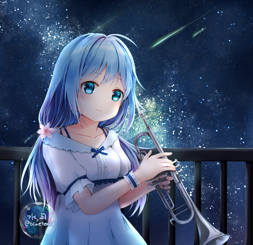 1girl abc_cherry blue_eyes blue_hair bubble dress flower hair_flower hair_ornament highres holding holding_instrument instrument long_hair looking_at_viewer low_twintails night night_sky original outdoors railing shooting_star short_sleeves sky smile solo star_(sky) starry_sky trumpet twintails