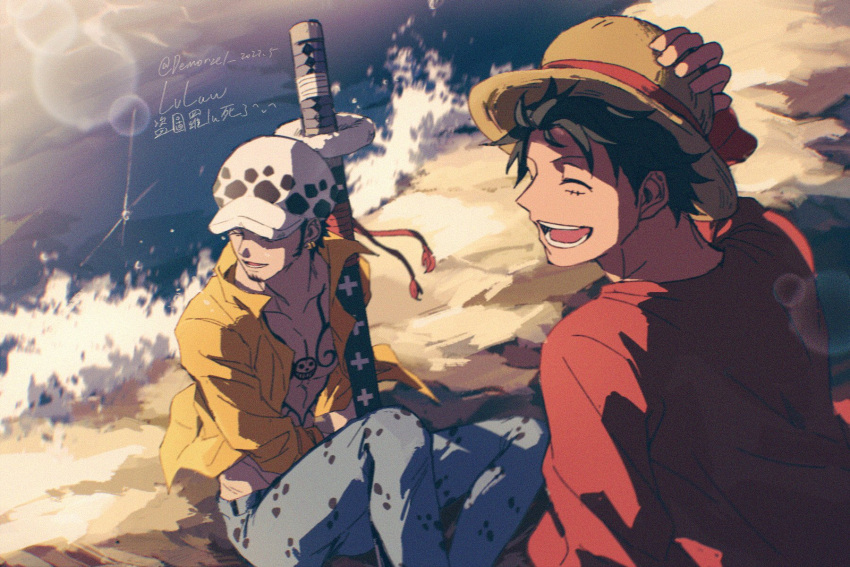 2boys black_hair chest_tattoo closed_eyes commentary_request demorzel denim earrings facial_hair fur_hat goatee hand_on_headwear hat highres holding holding_sheath jeans jewelry male_focus monkey_d._luffy multiple_boys ocean one_piece open_mouth outdoors pants red_shirt scar scar_on_face sheath sheathed shirt short_hair sitting smile straw_hat sword tattoo teeth trafalgar_law water weapon yellow_shirt