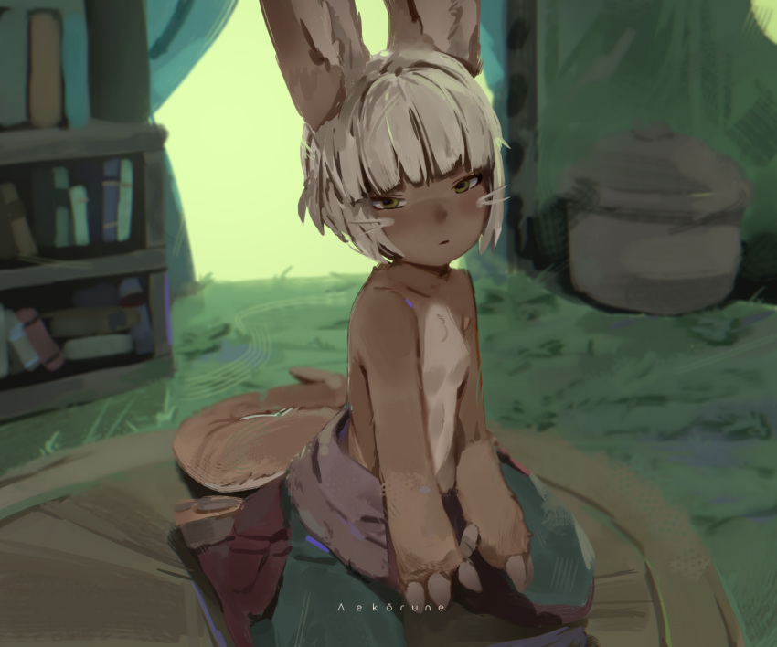 1girl aekorune animal_ears book bookshelf day eyelashes furry furry_female furry_male grass indoors looking_at_viewer made_in_abyss nanachi_(made_in_abyss) original pants rabbit rabbit_ears short_hair signature sitting solo tail white_hair yellow_eyes