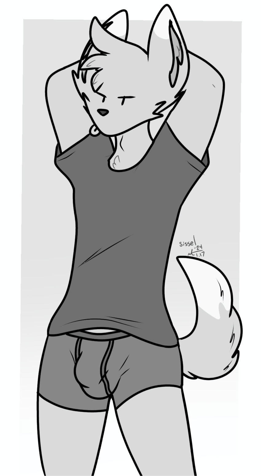 2024 absurd_res adam's_apple anthro black_nose bulge clothed clothing digital_drawing_(artwork) digital_media_(artwork) fan_character fur generation_5_pokemon grey_body grey_fur hands_behind_head hi_res jspwnco looking_at_viewer male mammal minccino monochrome nintendo pokemon pokemon_(species) shirt signature simple_background sissel_(jspwnco) solo tail tongue tongue_out topwear underwear