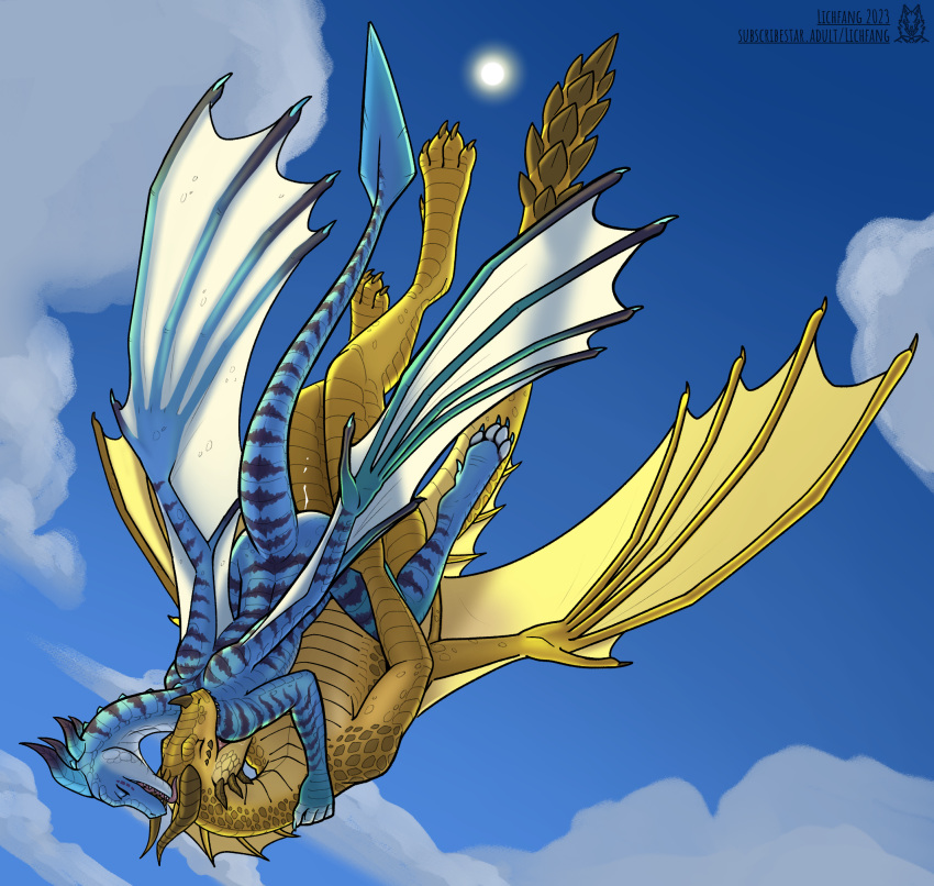 anthro anthro_on_anthro anthro_penetrated anthro_penetrating anthro_penetrating_anthro biped bite blue_body claws dragon duo female female_penetrated hi_res horn lichfang male male/female male_penetrating male_penetrating_female mating_flight membrane_(anatomy) membranous_wings open_mouth open_smile penetration scalie sex sharp_teeth smile striped_body stripes tail teeth western_dragon wings