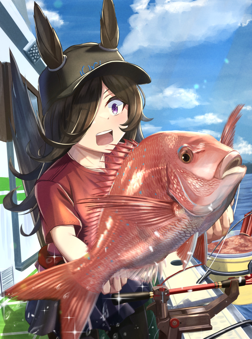 1girl absurdres animal animal_ears baseball_cap black_eyes black_headwear blue_sky cloud commentary_request commission cowboy_shot day fish fish_request fishing_rod fusou_(fuso0205) hair_over_one_eye hat highres holding holding_animal holding_fish horse_ears horse_girl horse_tail long_hair open_mouth outdoors purple_eyes red_shirt rice_shower_(umamusume) shirt skeb_commission sky solo surprised tail teeth umamusume upper_teeth_only water