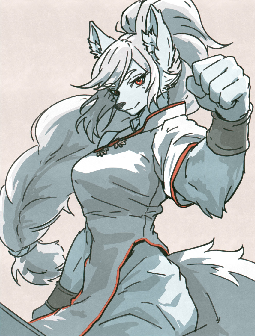 1girl absurdres animal_ears body_fur bracer braid braided_ponytail brown_background china_dress chinese_clothes clenched_hand closed_mouth dress furry furry_female grey_fur grey_hair hand_up high_ponytail highres long_hair looking_at_viewer mandarin_collar no_sclera original pants pelvic_curtain red_eyes short_sleeves side_slit simple_background solo tail tomochiso upper_body white_dress white_pants wolf_ears wolf_girl wolf_tail