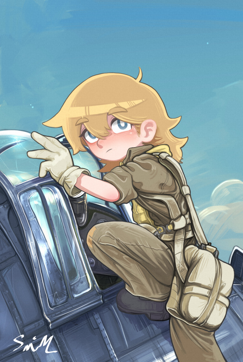 1girl aircraft airplane aqua_eyes bag black_footwear blonde_hair blue_sky cloud f6f_hellcat fighter_jet gloves highres jet lalah_7th long_hair military military_vehicle original pilot pilot_suit scarf short_sleeves signature sky solo yellow_scarf