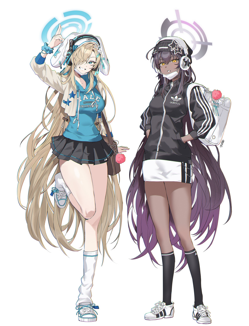 2girls absurdres adidas alternate_costume animal_hat arm_at_side arm_up artist_name asuna_(blue_archive) bag bag_charm beanie black_hair black_headwear black_jacket black_skirt black_socks blonde_hair blue_archive blue_eyes blue_halo blue_hoodie blue_nails blue_ribbon blue_scrunchie breasts charm_(object) clothes_writing cropped_jacket cross-laced_footwear dark-skinned_female dark_skin drawstring fingernails full_body gradient_hair grin hair_between_eyes hair_ornament hair_over_one_eye hair_ribbon halo hands_in_pockets hat headphones highres hood hoodie jacket jacket_over_hoodie karin_(blue_archive) kneehighs large_breasts long_hair long_sleeves looking_at_viewer loose_socks mask mask_pull miniskirt mouth_mask multicolored_hair multiple_girls nail_polish ohw8g one_eye_covered parted_lips pleated_skirt purple_hair purple_halo rabbit_hat ribbon salute school_bag scrunchie shoes shoulder_bag simple_background skirt slit_pupils smile sneakers socks standing standing_on_one_leg star_(symbol) star_hair_ornament track_jacket two-finger_salute very_long_hair white_background white_footwear white_headwear white_jacket white_mask white_skirt white_socks wrist_scrunchie yellow_eyes