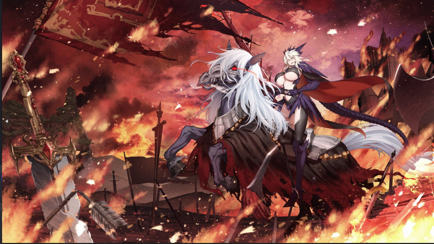 1girl artoria_pendragon_(fate) artoria_pendragon_(lancer_alter)_(fate) blonde_hair bodysuit braid breasts cluseller dark_rhongomyniad fate/grand_order fate_(series) fire french_braid hair_between_eyes highres horns horse lance large_breasts llamrei_(fate) looking_at_viewer polearm revealing_clothes ribbed_bodysuit sword underboob weapon yellow_eyes