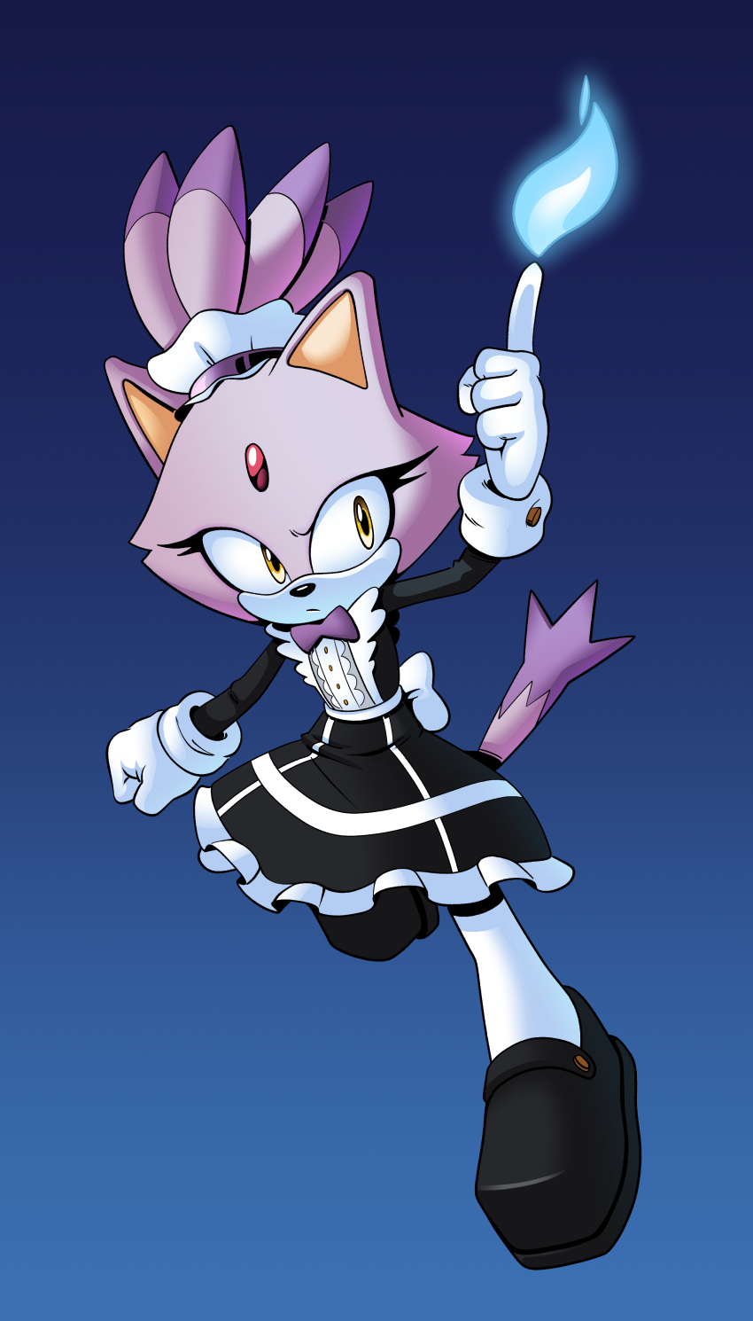 1girl absurdres animal_ears back_bow black_footwear blaze_the_cat bow cat_ears cat_girl cat_tail clenched_hand fire furry furry_female gloves highres maid maid_headdress novika ponytail purple_fur sonic_(series) tail white_gloves yellow_eyes