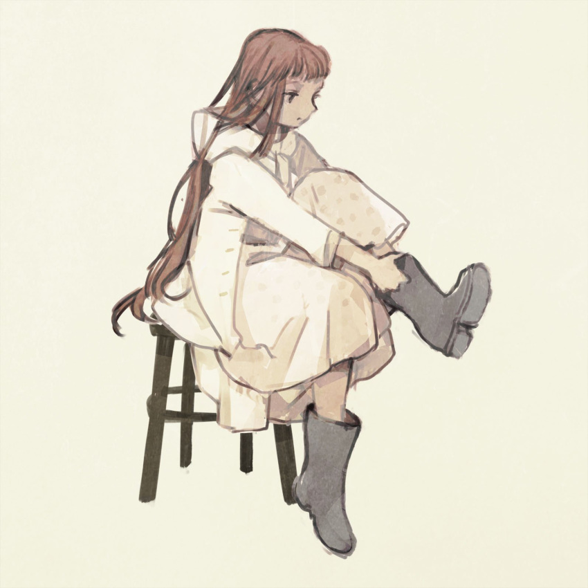 1girl boots brown_eyes chair closed_mouth dress full_body green_background highres jacket long_dress long_hair original philia_ell putting_on_boots red_hair short_bangs simple_background sitting solo tono_(rt0no) white_dress white_jacket