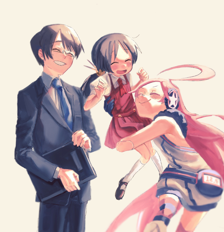 1boy 2girls ahoge android bare_arms black_hair black_suit blue_necktie brown_hair carrying carrying_person closed_eyes commentary_request company_connection dated dress earmuffs formal fur-trimmed_dress fur_trim glasses grin happy_birthday highres hip_gear hiyama_kiyoteru holding holding_suitcase kaai_yuki long_hair multiple_girls nata_shelf neckerchief necktie open_mouth pink_hair red_dress red_neckerchief sf-a2_miki shirt short_sleeves sleeveless sleeveless_dress smile standing star_(symbol) star_print suit suitcase textless_version twintails very_long_hair vocaloid white_dress white_shirt