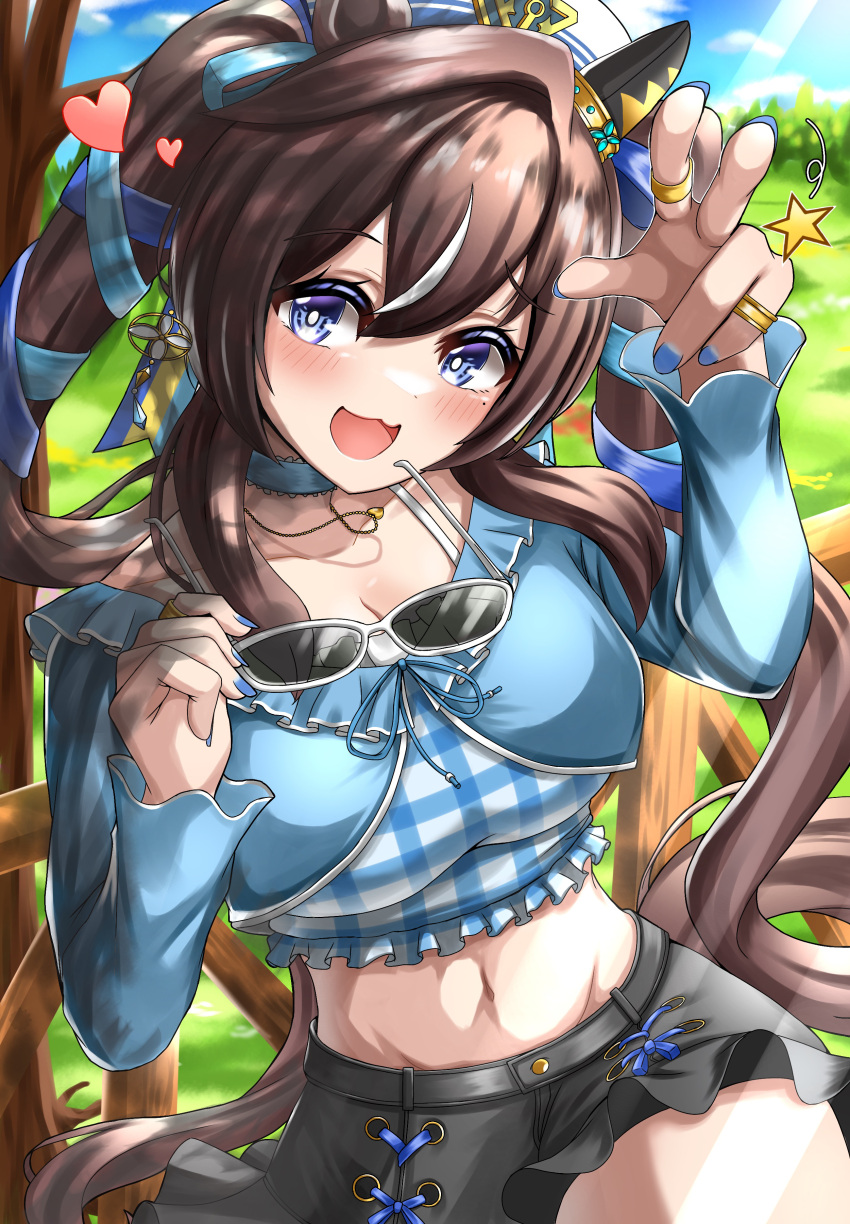 1girl :3 absurdres animal_ears black_skirt blue_eyes blue_sky breasts brown_hair commentary_request cowboy_shot cropped_shirt ear_covers frilled_skirt frills grass hair_between_eyes haruun520 heart highres horse_ears horse_girl horse_tail jewelry long_hair long_sleeves looking_at_viewer midriff mole mole_under_eye multicolored_hair navel necklace open_mouth outdoors petticoat plaid plaid_shirt shirt single_ear_cover skirt sky small_breasts smile solo streaked_hair tail twintails umamusume very_long_hair vivlos_(umamusume) white_hair white_headwear