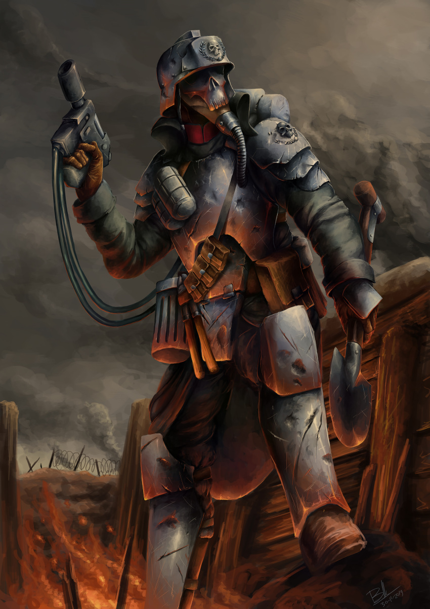 1boy 2019 absurdres barbed_wire battle battle_damage battlefield battlefield_(series) breathing_nozzle cloud coat combat_helmet commentary crossover damaged dated death_korps_grenadier death_korps_of_krieg dual_wielding english_commentary full_body gas_mask gun helmet highres holding holding_gun holding_shovel holding_weapon hose_nozzle imperium_of_man lasgun leg_armor male_focus mask military military_coat outdoors pliers scratches shovel signature skull_mask skull_ornament smoke soldier solo trench trench_coat trench_shovel uniform wannatryme1138 warhammer_40k weapon