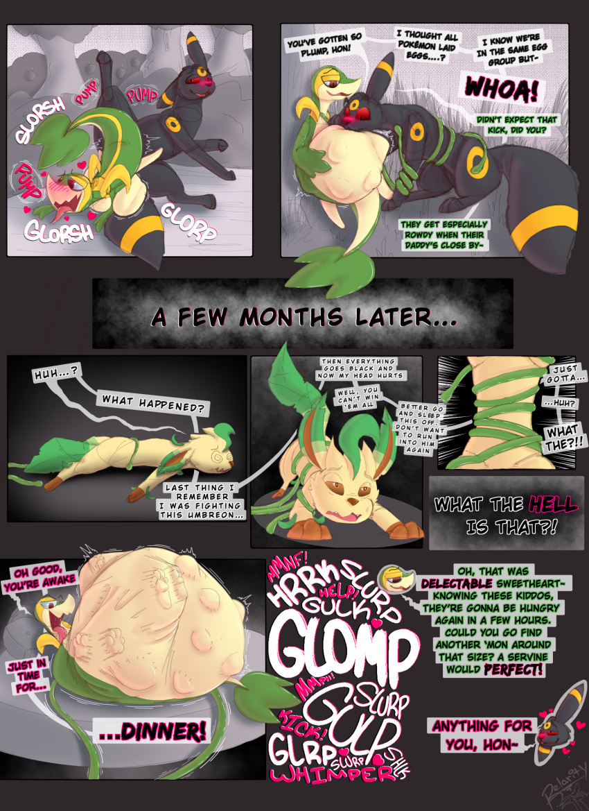 &lt;3 abdominal_bulge ahegao ass_up belly big_belly blush bodily_fluids comic cum cum_inflation eeveelution female feral feral_prey forest front_view generation_2_pokemon generation_4_pokemon generation_5_pokemon genital_fluids gradient_background group hi_res inflation leafeon looking_pleasured lying male male/female nintendo on_front onomatopoeia paw_imprint plant pokemon pokemon_(species) pokemon_pred pokemon_prey pregnant pregnant_female relarity shrub simple_background sky snivy sound_effects speech_bubble text time_skip tongue tongue_out tree umbreon unborn_kicking unconscious vines vore