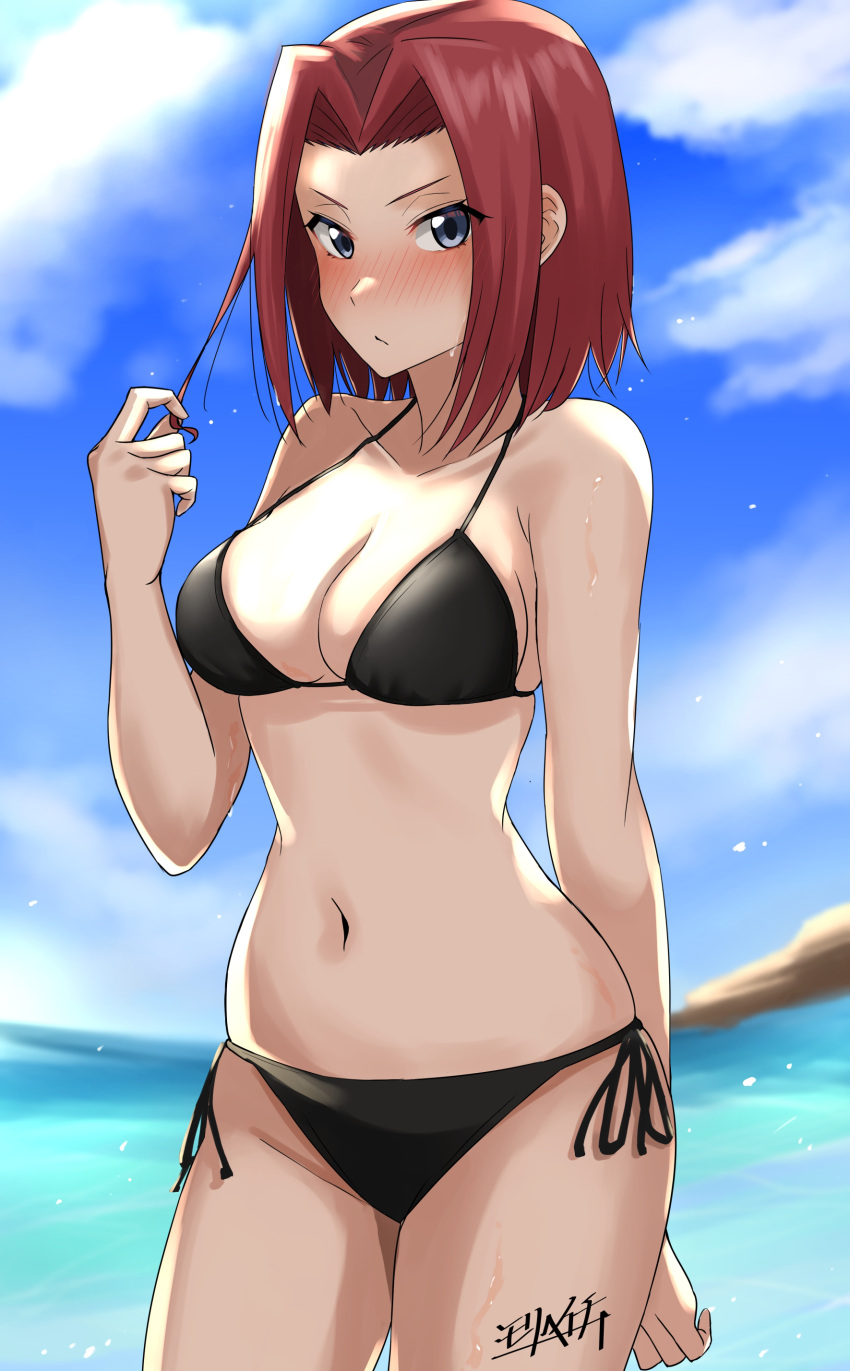 1girl :/ absurdres arm_behind_back bikini black_bikini blue_eyes blue_sky blush breasts cleavage closed_mouth cloud code_geass collarbone cowboy_shot day hair_intakes highres kallen_stadtfeld large_breasts looking_at_viewer mori_heichi navel ocean outdoors playing_with_own_hair red_hair short_hair side-tie_bikini_bottom signature sky solo stomach strap_gap swimsuit water