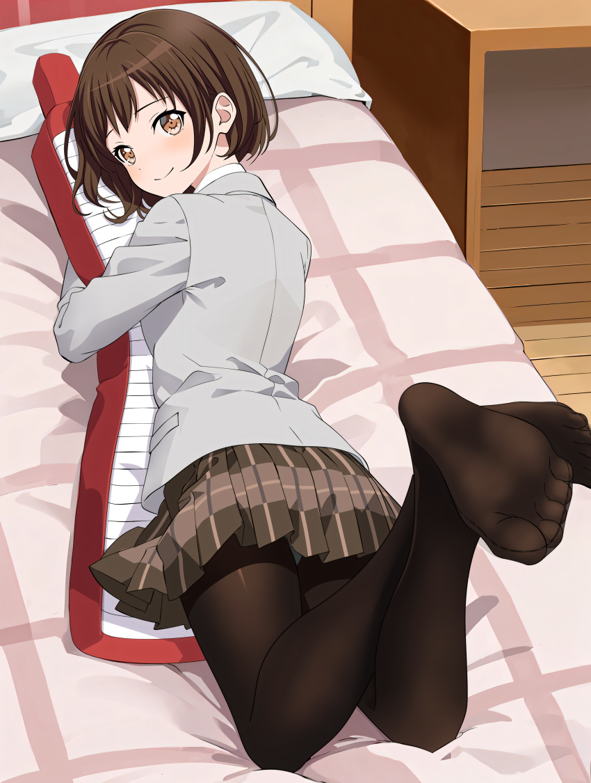 1girl absurdres bang_dream! bed blazer brown_eyes brown_hair brown_skirt commentary desk english_commentary feet floor fries_vanquisher grey_jacket haneoka_school_uniform hazawa_tsugumi highres hugging_object instrument jacket keytar looking_at_viewer looking_back lying on_bed on_stomach panties pantyhose pantyshot pillow pillow_hug plaid plaid_skirt school_uniform short_hair skirt soles solo toes underwear upskirt wooden_floor