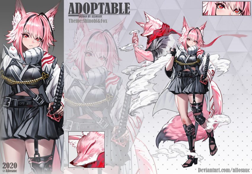 1girl 2020 :3 \m/ adoptable allosauc animal animal_ear_fluff animal_ears animal_scarf artist_name asymmetrical_legwear belt belt_buckle black_belt black_footwear black_gloves black_hair black_hakama black_robe black_skirt black_sleeves buckle chest_belt close-up closed_mouth clothed_animal commentary cowboy_shot deviantart_username english_commentary english_text eyelashes fingerless_gloves fox fox_ears fox_tail full_body gloves gradient_background grey_background hakama hakama_short_skirt hakama_skirt hand_on_hilt haori high_heels highres injury japanese_clothes katana knee_pads knees light_blush long_sleeves looking_at_viewer medium_hair midriff multicolored_hair multiple_views ninja open_clothes open_robe original pink_eyes pink_fur pink_hair polka_dot polka_dot_background projected_inset red_scarf reference_sheet ribbed_legwear robe scarf sheath sheathed simple_background skirt sleeves_past_elbows smile smoke stirrup_footwear streaked_hair sword tail toes triangle_background weapon white_robe white_scarf white_sleeves