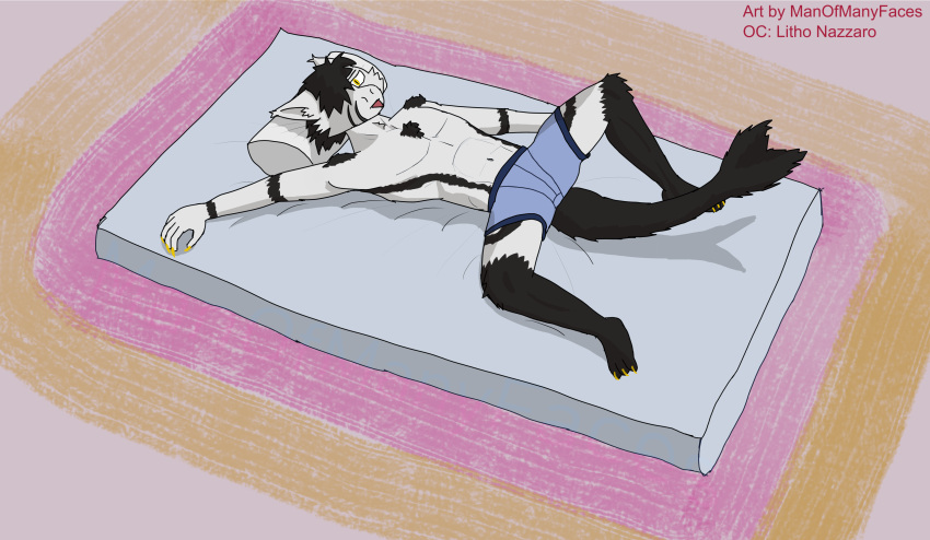 absurd_res anthro bed black_and_white_body black_and_white_fur black_hair black_tail blue_clothing blue_underwear claws clothing dragon fur furniture furred_dragon hair hi_res lying male manofmanyfaces mattress navel on_back one_eye_obstructed pillow shaded solo tail tongue tongue_out underwear wingless_dragon yellow_claws