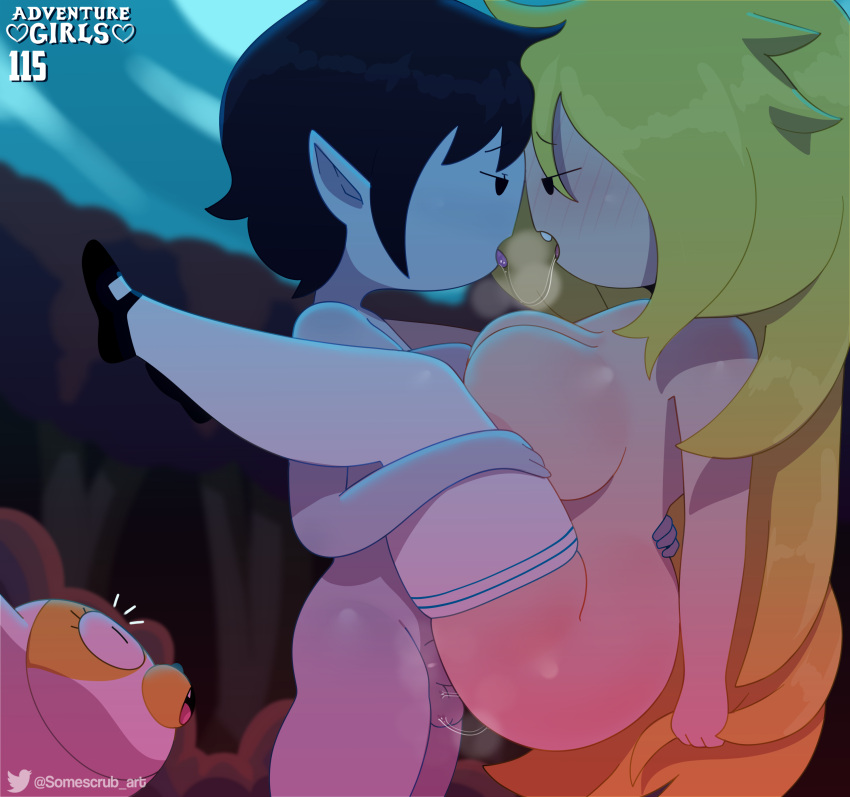 2020 absurd_res adventure_time after_kiss anthro artist_name balls big_breasts black_hair blonde_hair blush bodily_fluids breasts cake_the_cat carrying_another carrying_partner carrying_position cartoon_network curvy_figure detailed_background digital_drawing_(artwork) digital_media_(artwork) domestic_cat dot_eyes erection felid feline felis female fionna_the_human forest fur genitals grey_body grey_skin group hair hi_res human humanoid humanoid_pointy_ears light-skinned_male light_body light_skin long_hair long_socks male male/female mammal marshall_lee multicolored_body multicolored_fur nipples nude open_mouth outside penetration penis plant saliva saliva_string short_hair somescrub thick_thighs tree trio two_tone_body two_tone_fur vaginal vaginal_penetration vampire voluptuous watermark white_body white_fur wide_hips yellow_body yellow_fur