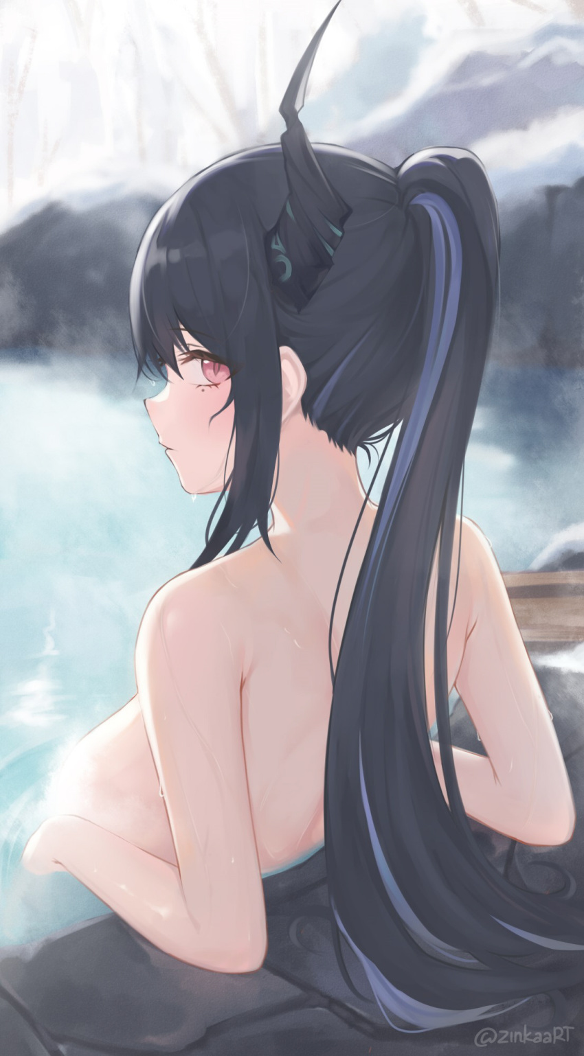 1girl alternate_hairstyle bare_shoulders bathing black_hair blue_hair blush breasts colored_inner_hair demon_horns high_ponytail highres hololive hololive_english horns large_breasts long_hair looking_at_viewer mole mole_under_eye multicolored_hair nerissa_ravencroft onsen outdoors ponytail solo steam two-tone_hair very_long_hair virtual_youtuber zinkaa