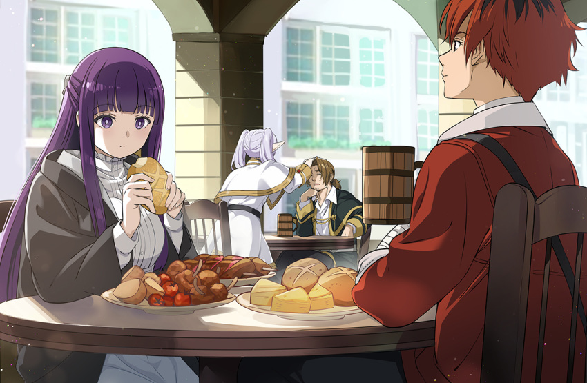 2boys 2girls beer_mug black_coat black_hair blunt_bangs bread brown_hair capelet chair cheese closed_mouth coat collared_shirt cup day dress eating elf expressionless fern_(sousou_no_frieren) food frieren head_rest headpat holding holding_food light_particles long_coat long_hair long_sleeves mug multicolored_hair multiple_boys multiple_girls nyoro_(nyoronyoro000) on_chair open_clothes open_coat outdoors pointy_ears purple_eyes purple_hair red_coat red_hair sein_(sousou_no_frieren) shirt short_hair sitting skirt sousou_no_frieren standing stark_(sousou_no_frieren) straight_hair table twintails two-tone_hair very_long_hair white_capelet white_dress white_hair white_shirt white_skirt