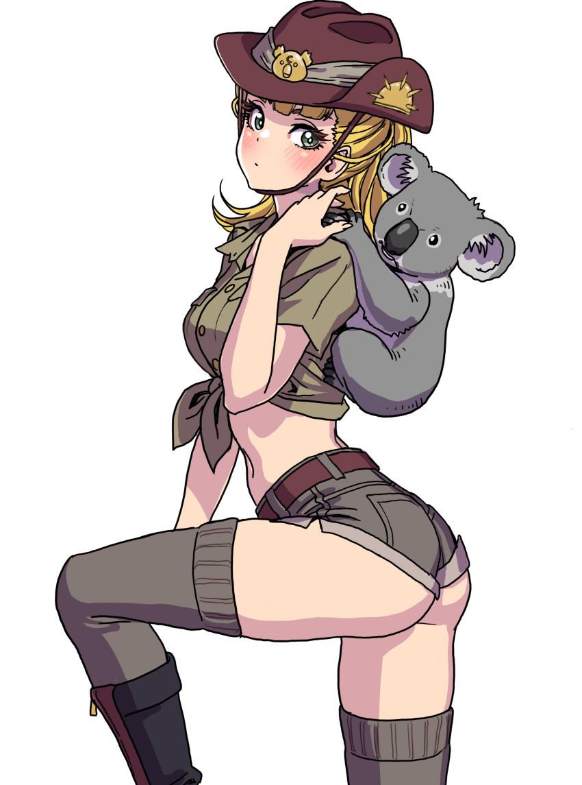 1girl absurdres animal animal_on_back ass belt blonde_hair blush boots breasts brown_belt closed_mouth crop_top denim denim_shorts from_side girls_und_panzer green_eyes green_shirt grey_shorts hat highres knee_up koala koala_forest_military_uniform looking_at_viewer medium_breasts midriff sam_browne_belt shirt short_shorts shorts simple_background slouch_hat solo thighhighs thighs tied_shirt wallaby_(girls_und_panzer) white_background yamashita_shun'ya