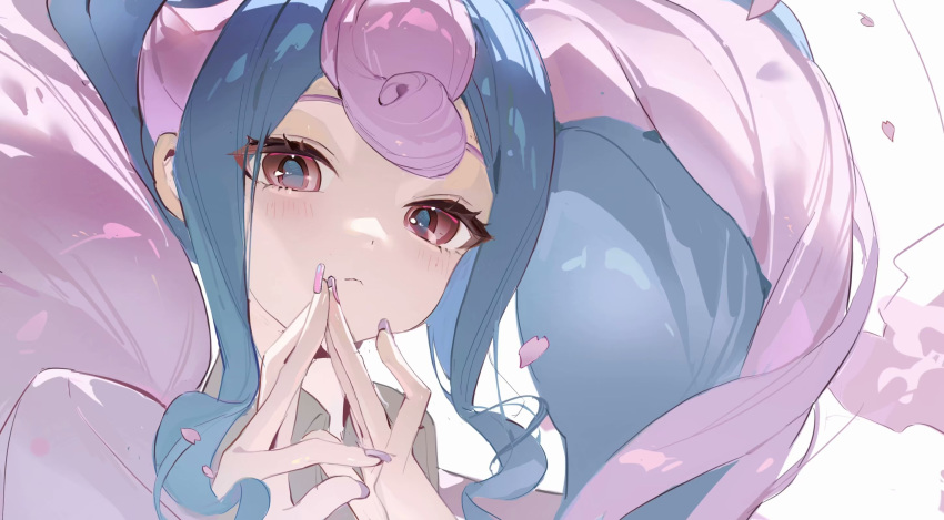 1girl aqua_hair blush cherry_blossoms closed_mouth eyelashes fairy_miku_(project_voltage) hatsune_miku highres long_hair looking_at_viewer multicolored_hair nail_polish neonneon321 petals pink_hair pokemon portrait project_voltage red_eyes sidelocks simple_background solo twintails very_long_hair vocaloid white_background