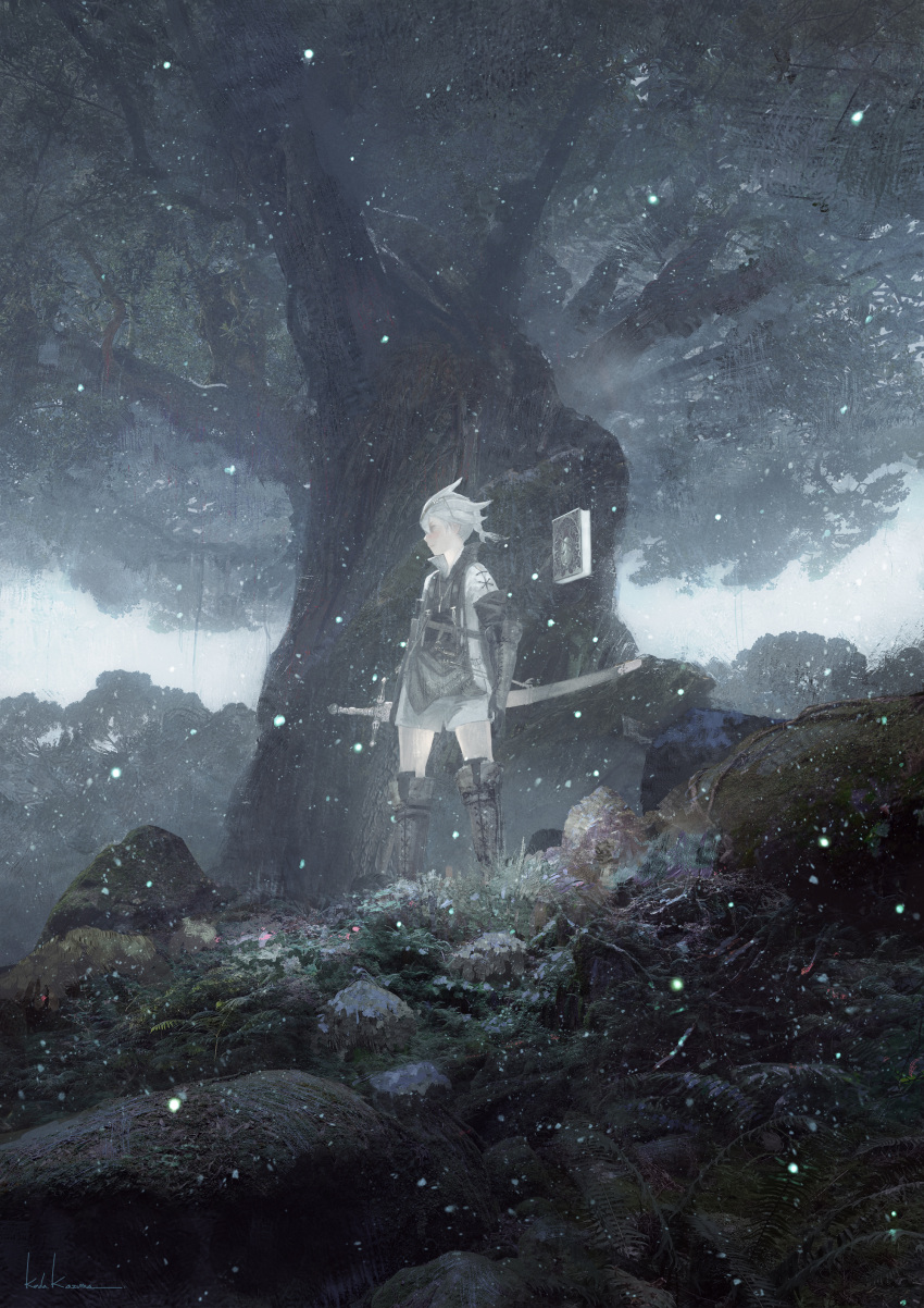 1boy absurdres blush book boots floating floating_book floating_object forest full_body gloves grimoire_weiss highres key_visual male_focus nature nier_(series) nier_(young) official_art outdoors profile promotional_art rock rounin_(amuza) sheath sheathed shorts signature solo sword third-party_source tree weapon white_hair