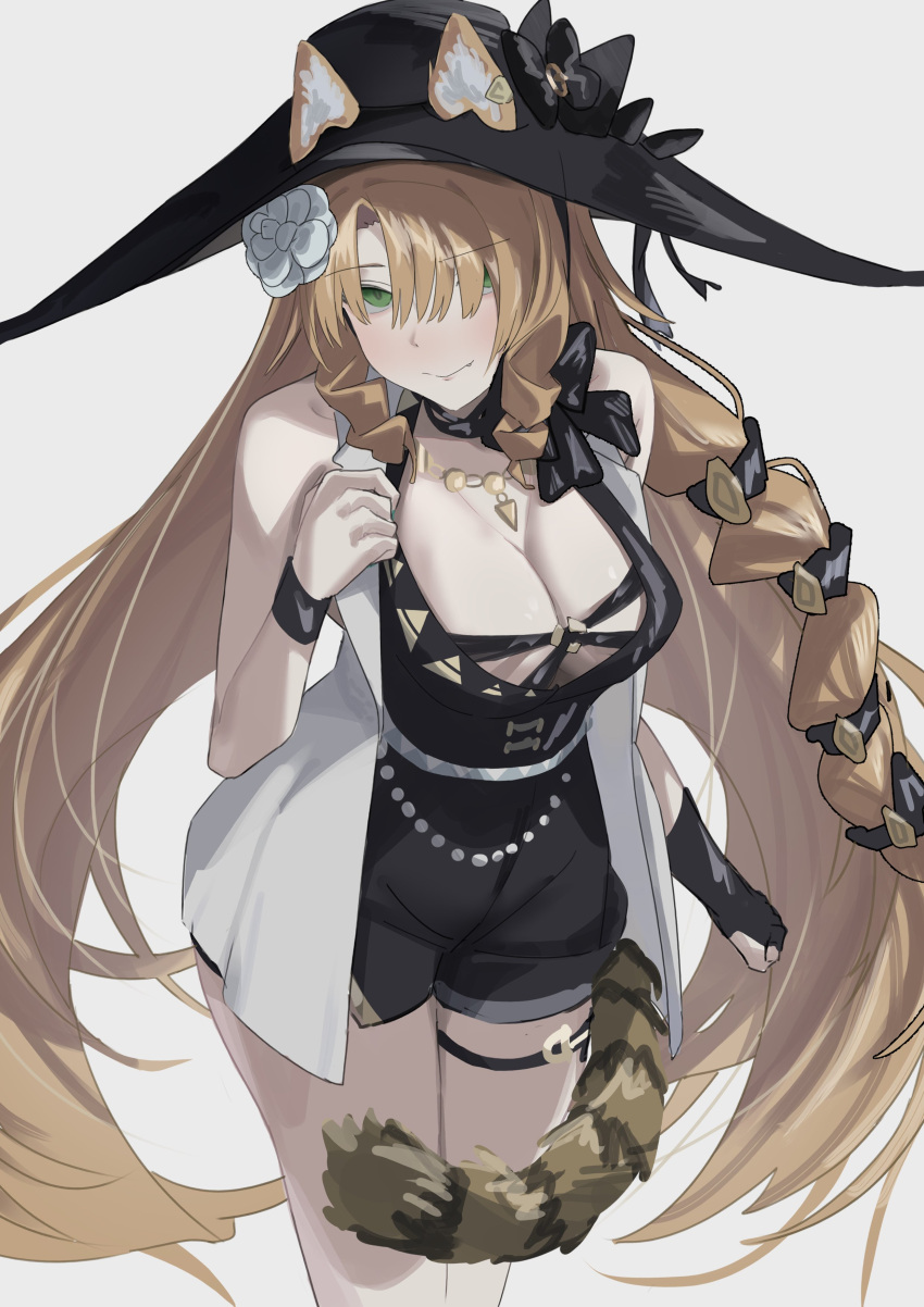 1girl absurdres animal_ears arknights black_headwear blonde_hair blush breasts cleavage drill_hair ears_through_headwear flower fuku00 gloves green_eyes hair_flower hair_ornament hat highres large_breasts long_hair looking_at_viewer sidelocks single_glove smile solo swire_(arknights) swire_the_elegant_wit_(arknights) tail thigh_strap tiger_ears tiger_girl tiger_tail very_long_hair