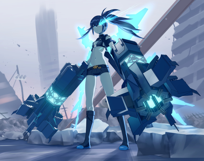 1girl 32zzz arm_cannon black_bra black_footwear black_hair black_rock_shooter black_rock_shooter:_dawn_fall black_rock_shooter_(character) black_shorts blue_eyes boots bra breasts flaming_eye highres long_hair navel rock_cannon ruins short_shorts shorts small_breasts solo twintails underwear uneven_twintails weapon wings