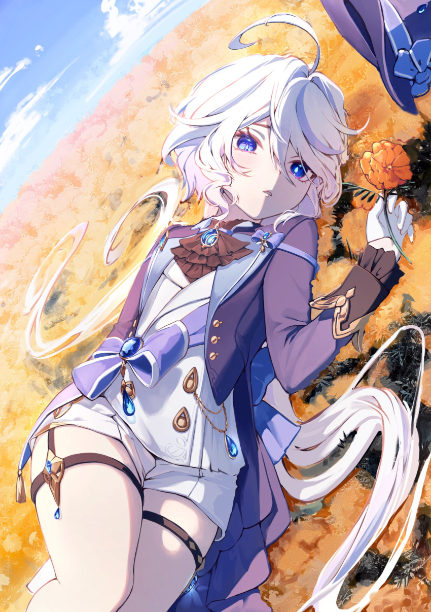 1girl absurdres ahoge ascot black_ascot blue_eyes blue_hair blue_headwear cloud field flower flower_field furina_(genshin_impact) genshin_impact gloves hat highres imasaki_kei jacket long_hair long_sleeves lying marigold orange_flower parted_lips shorts sky solo thigh_strap unworn_headwear very_long_hair white_gloves white_hair white_shorts