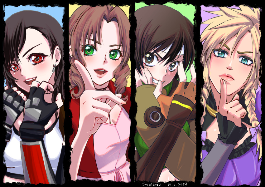 1boy 3girls aerith_gainsborough black_bra black_gloves black_sleeves blue_background blue_eyes bow bra braid breasts brown_eyes choker clenched_hands closed_mouth cloud_strife crop_top crossdressing dangle_earrings dress earrings elbow_gloves final_fantasy final_fantasy_vii final_fantasy_vii_remake fingerless_gloves gloves green_background green_eyes green_shirt grin hair_between_eyes headband highres jacket jewelry light_blush long_hair looking_at_viewer medium_breasts multiple_girls official_alternate_costume open_mouth orange_gloves parted_bangs parted_lips pink_dress pointing purple_background purple_bow purple_dress red_eyes red_jacket ribbon_choker shikiwo shirt short_hair sidelocks single_sleeve sleeveless sleeveless_turtleneck smile sports_bra swept_bangs tifa_lockhart turtleneck twin_braids underwear upper_body white_shirt yellow_background yuffie_kisaragi