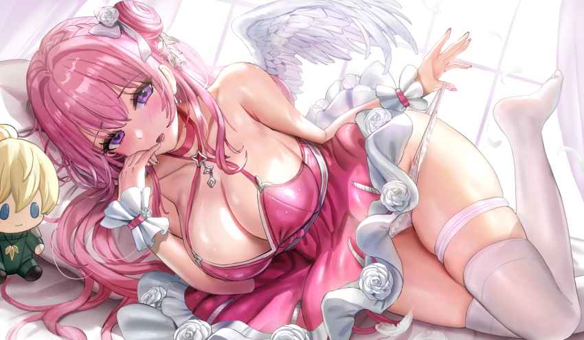 1girl angel_wings bare_shoulders bow breasts choker dorothy_(nikke) dress feathered_wings flower goddess_of_victory:_nikke hair_bow hair_bun highres huge_breasts long_hair looking_at_viewer lower_teeth_only lying no_shoes on_side open_mouth panties panty_pull pink_choker pink_dress pink_hair pink_panties pulled_by_self purple_eyes qian_wu_atai rose single_side_bun sleeveless sleeveless_dress solo teeth thighhighs thighs underwear white_bow white_flower white_rose white_thighhighs white_wings wings