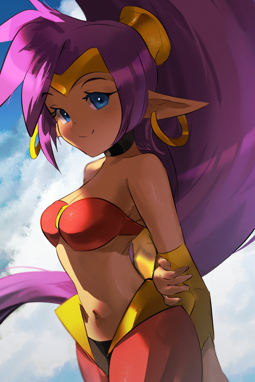 2024 absurd_res blue_eyes breasts brown_body brown_skin clothing cloud day ear_piercing ear_ring female genie hair hi_res humanoid humanoid_pointy_ears long_hair looking_at_viewer not_furry pachirisus piercing ponytail purple_hair ring_piercing shantae shantae_(series) smile solo wayforward