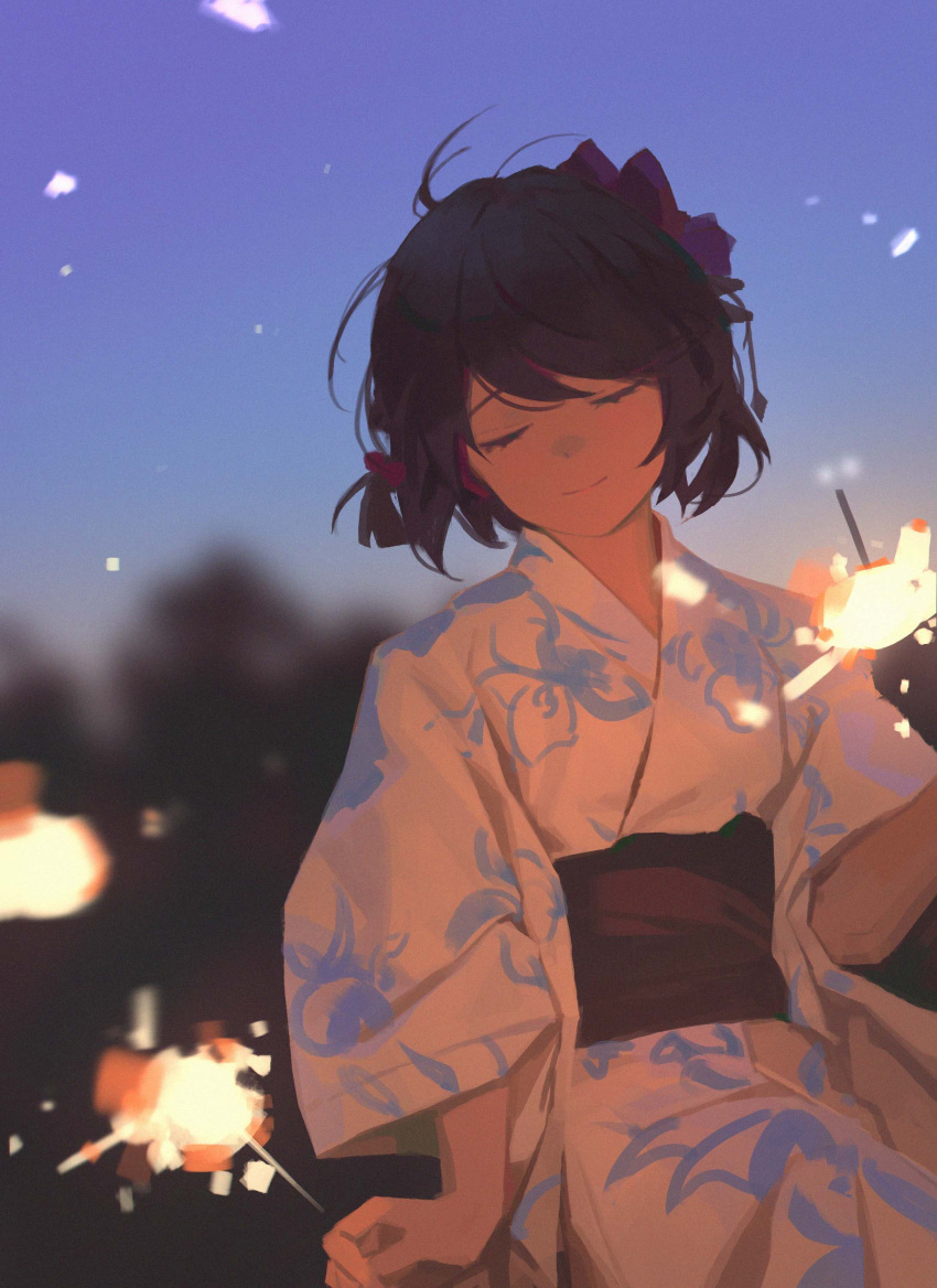 1girl absurdres black_hair blue_sky bow closed_eyes closed_mouth fireworks highres hyxifeng japanese_clothes night night_sky outdoors red_bow senkou_hanabi short_hair simple_background sitting sky smile solo sparkler wide_sleeves