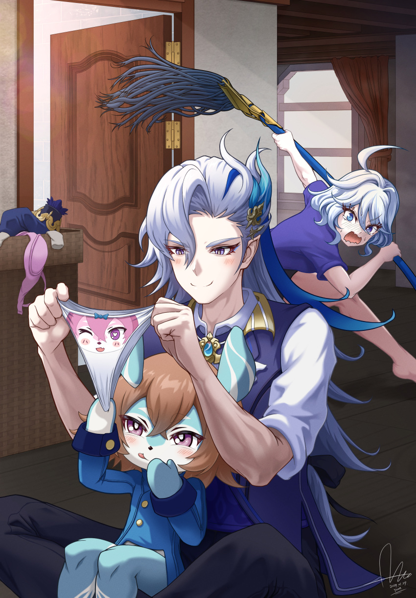 1boy 2girls :p absurdres ahoge black_pants blue_eyes blue_shirt blue_vest blush brooch brown_hair commentary_request curtains dasoin door furina_(genshin_impact) genshin_impact hair_between_eyes highres holding holding_clothes holding_mop holding_panties holding_underwear indoors jewelry melusine_(genshin_impact) mop multiple_girls neuvillette_(genshin_impact) no_headwear panties pants pointy_ears shirt short_hair short_sleeves sitting smile tongue tongue_out underwear vest white_hair white_panties white_shirt window