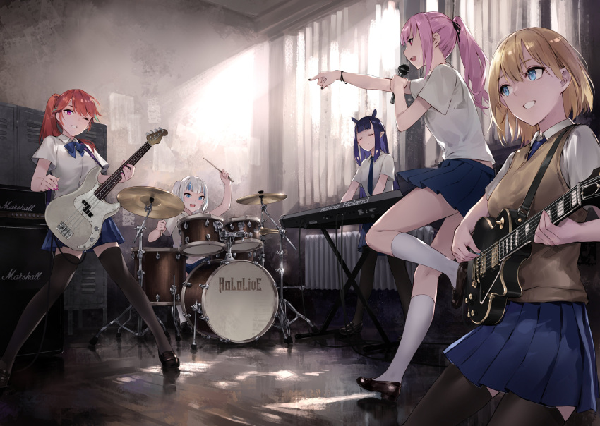 5girls absurdres amplifier band bass_guitar blonde_hair blue_eyes blue_hair blunt_bangs bow bow_earrings breasts cymbals drum drum_set drumsticks earrings electric_guitar feather_earrings feathers gawr_gura grey_hair guitar highres holding holding_drumsticks hololive hololive_english instrument jewelry keyboard_(instrument) large_breasts long_hair microphone mori_calliope multicolored_hair multiple_girls music necktie ninomae_ina'nis open_mouth playing_bass playing_instrument pleated_skirt school_uniform shirt short_hair singing skirt smile streaked_hair sweater_vest takanashi_kiara thighhighs virtual_youtuber watson_amelia white_shirt zen_juraku