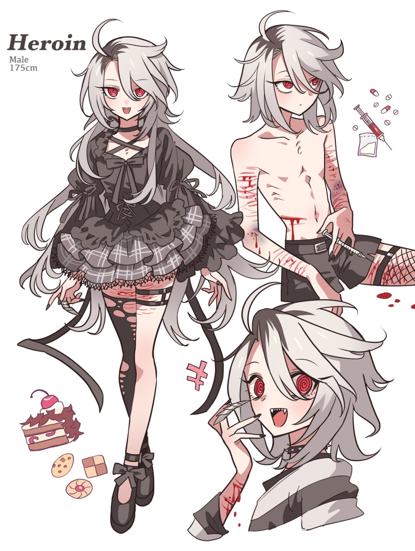 1boy @_@ ahoge arms_at_sides black_dress black_footwear black_hair black_nails black_ribbon black_shorts bleeding blood blood_on_arm bruise cake cake_slice character_name checkerboard_cookie cherry claw_ring cocaine cookie cropped_torso crossdressing cuts dress drugs fangs fishnet_thighhighs fishnets food frilled_dress frills fruit full_body grey_hair hair_between_eyes hand_up heroin_(meremero) highres holding holding_syringe injury long_hair looking_at_viewer male_focus meremero multicolored_hair multiple_views nail_polish open_mouth original otoko_no_ko pill red_eyes ribbon roots_(hair) scar scar_on_arm scar_on_leg self-harm self-harm_scar shoes short_hair shorts simple_background skinny smile standing syringe thigh_strap thighhighs topless_male torn_clothes torn_thighhighs very_long_hair white_background wrist_cutting