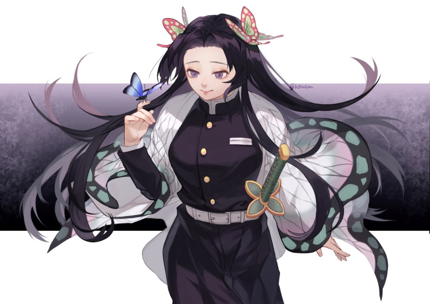 1girl belt black_hair bug butterfly commentary_request cowboy_shot demon_slayer_uniform haori highres japanese_clothes kazuto_(kazu_one_a) kimetsu_no_yaiba kochou_shinobu long_hair smile solo sword weapon white_belt