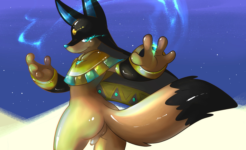 anthro anubis_(pal) backsack balls blue_eyes bottomless brown_body brown_fur butt clothed clothing flaccid fur genitals glowing glowing_eyes harumi hi_res looking_back male pal_(species) palworld penis solo