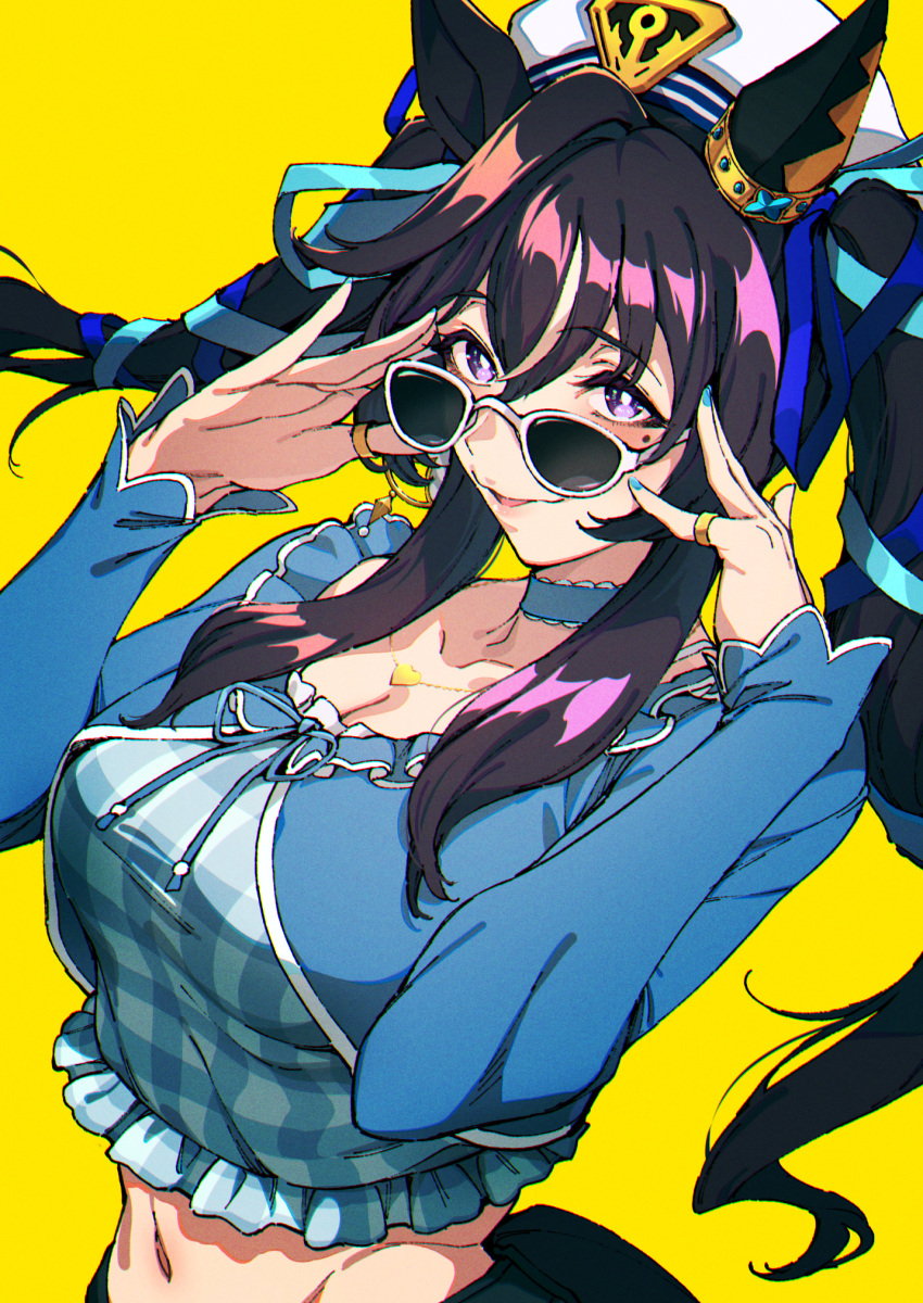 1girl animal_ears black_hair blue_choker blue_shirt breasts choker cleavage commentary ear_covers frilled_choker frills hat heart heart_necklace highres horse_ears jewelry long_hair long_sleeves medium_breasts midriff mole mole_under_eye navel necklace purple_eyes shirt simple_background smile solo sugarbeat sunglasses twintails umamusume vivlos_(umamusume) white_headwear yellow_background
