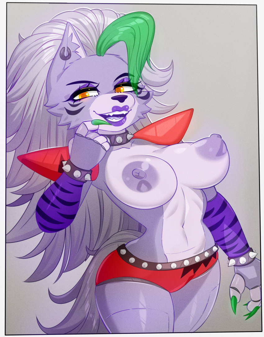 2023 5_fingers absurd_res animatronic anthro areola arm_warmers armor armwear big_breasts bottomwear breasts canid canine canis claws clothed clothing collar colored digital_media_(artwork) ear_piercing ear_ring female finger_claws fingers five_nights_at_freddy's five_nights_at_freddy's:_security_breach fur green_claws green_hair grey_body grey_fur grey_hair hair hi_res hotpants lips lipstick long_hair looking_at_viewer machine makeup mammal navel nipples open_mouth open_smile pauldron piercing purple_areola purple_lips purple_lipstick purple_nipples ring_piercing robot roxanne_wolf_(fnaf) scottgames shorts simple_background small_waist smile solo spiked_collar spiked_waistband spiked_wristband spikes standing steel_wool_studios tail teeth tongue topless wide_hips wolf wristband yellow_eyes zexlynk