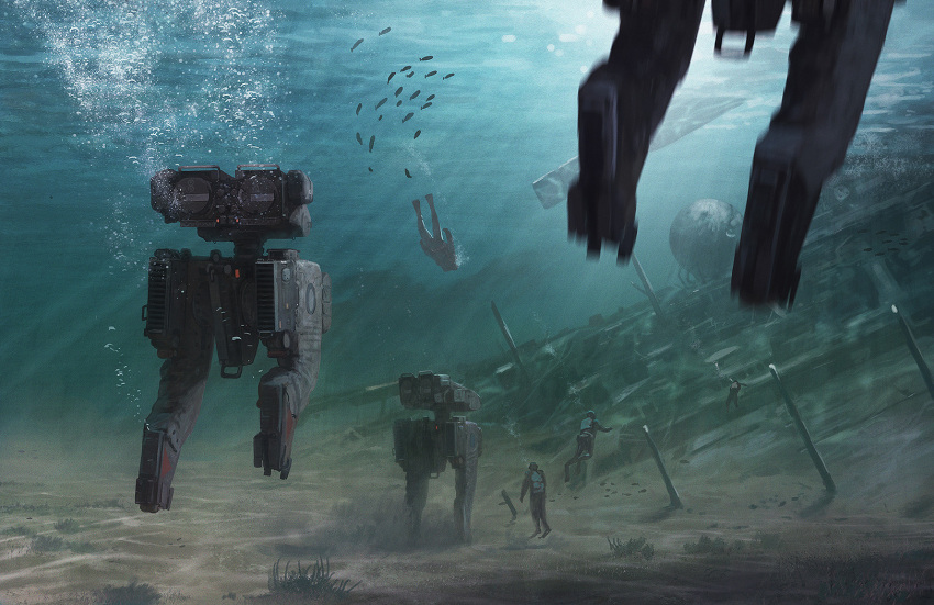 3others bubble edouard_groult fish highres mecha motion_blur multiple_others original robot sand science_fiction scuba shadow swimming underwater walker_(robot)