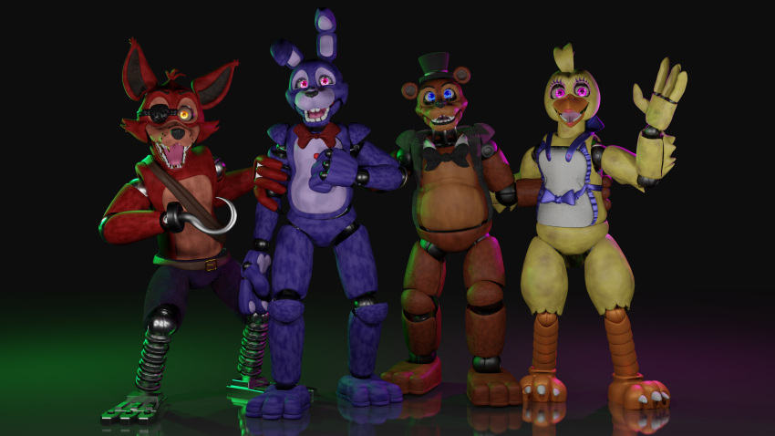 absurd_res animatronic anthro avian bear bird blue_eyes bonnie_(fnaf) bow_tie canid canine chica_(fnaf) chicken female five_nights_at_freddy's fox foxy_(fnaf) freddy_(fnaf) galliform gallus_(genus) group happy hi_res humanoid lagomorph leporid looking_at_viewer machine male mammal phasianid purple_eyes rabbit robot scottgames smile smiling_at_viewer theice_demon yellow_eyes