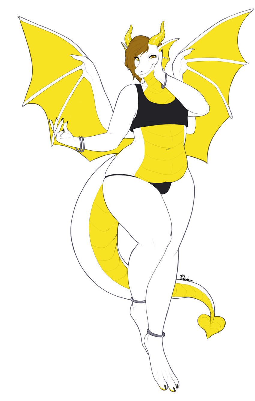 anthro bourbon_(artist) clothed clothing dragon female horn looking_at_viewer overweight smile solo wings