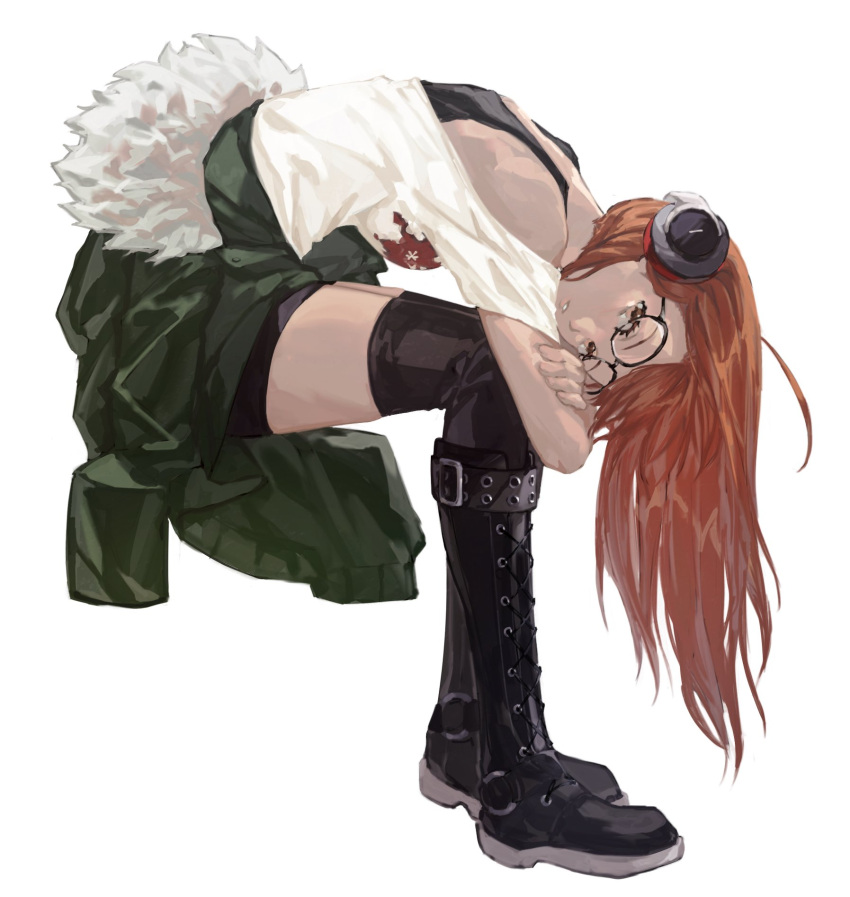 1girl black_footwear black_tank_top black_thighhighs boots brown_eyes full_body fur-trimmed_jacket fur_trim glasses green_jacket headphones highres hunched_over jacket long_hair looking_at_viewer open_clothes open_jacket orange_hair parted_lips persona persona_5 richost sakura_futaba shorts simple_background solo tank_top thighhighs white_background