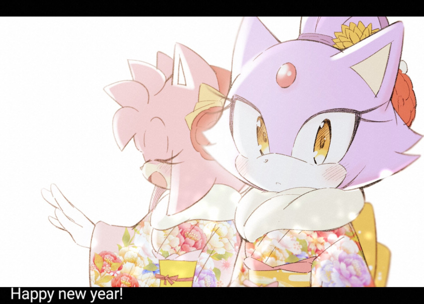 2girls amy_rose animal_ears blaze_the_cat cat_ears cat_girl closed_eyes floral_print flower forehead_jewel furry furry_female gloves hair_flower hair_ornament highres japanese_clothes kimono looking_at_viewer multiple_girls open_mouth ponytail posojo123 sonic_(series) white_gloves yellow_eyes