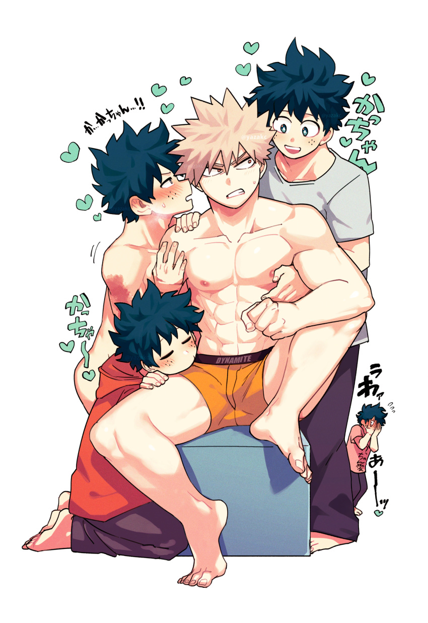 2boys abs bakugou_katsuki barefoot blonde_hair boku_no_hero_academia closed_eyes feet green_hair grey_shirt highres male_focus male_harem male_underwear midoriya_izuku multiple_boys multiple_persona muscular muscular_male nipples red_hood scar scar_on_arm shirt short_hair spiked_hair toes underwear yaoi yazaki_(yazakc) yellow_male_underwear