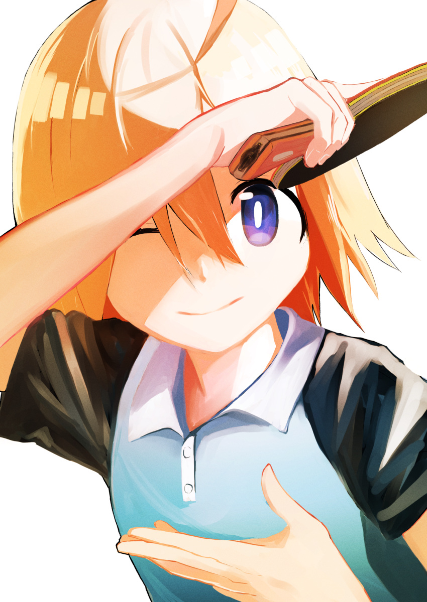 1girl ahoge blue_eyes blue_shirt closed_mouth collared_shirt hair_between_eyes highres inami_hatoko looking_at_viewer medium_hair orange_hair original paddle shirt short_sleeves simple_background smile solo table_tennis_paddle upper_body white_background